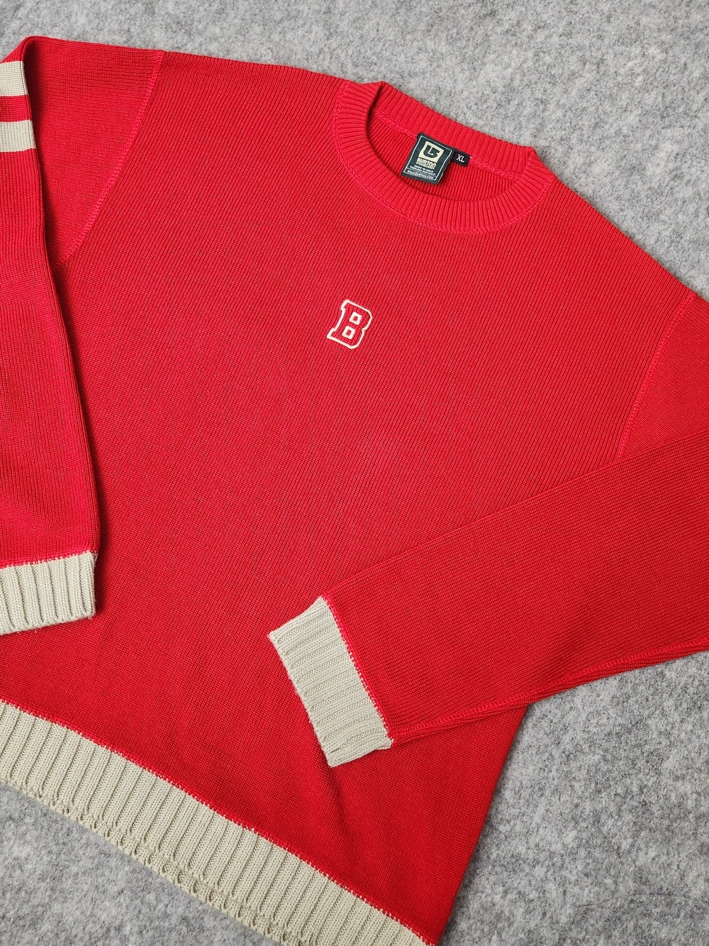 Vintage Burton Snowboards 90s Varsity Sweater Men's XL Red Beige Knit Winter
